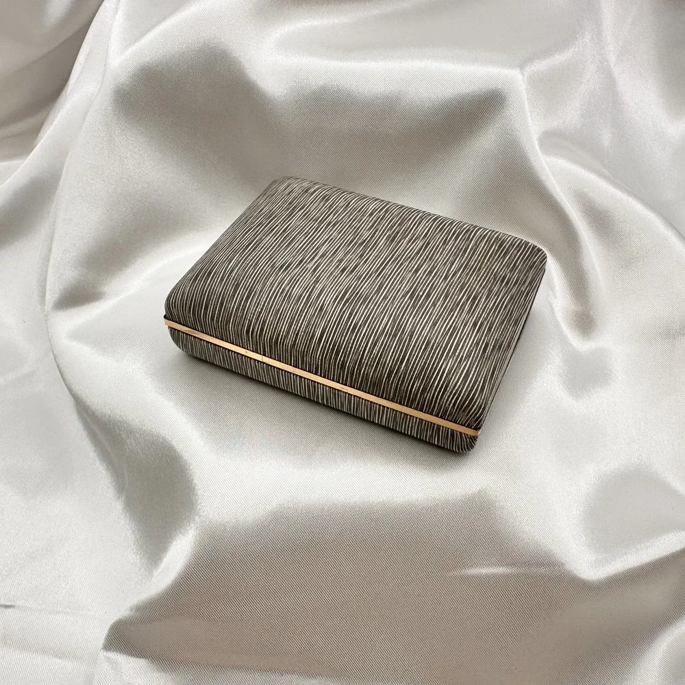 Vintage 80s Krementz Grey Textured Silk Presentation Box Gold Tone Trim Jewelry